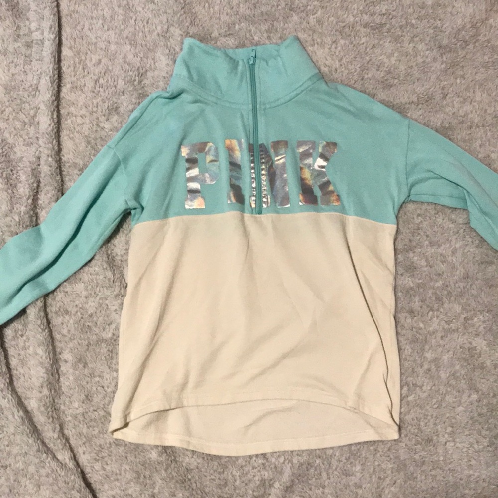 teal and white pullover half zip long sleeve XS